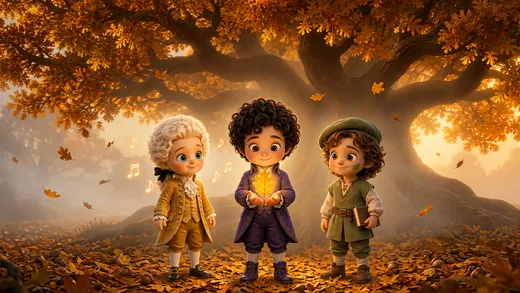 Sasha, Wolfi and Leo standing together under the giant golden oak in autumn light