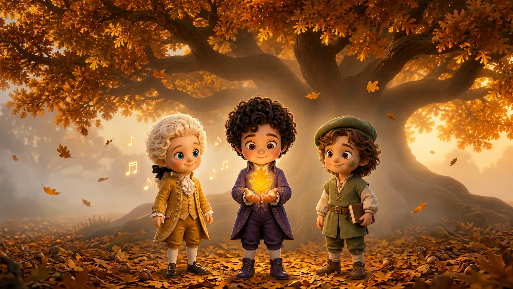 Sasha, Wolfi and Leo standing together under the giant golden oak tree in warm autumn light