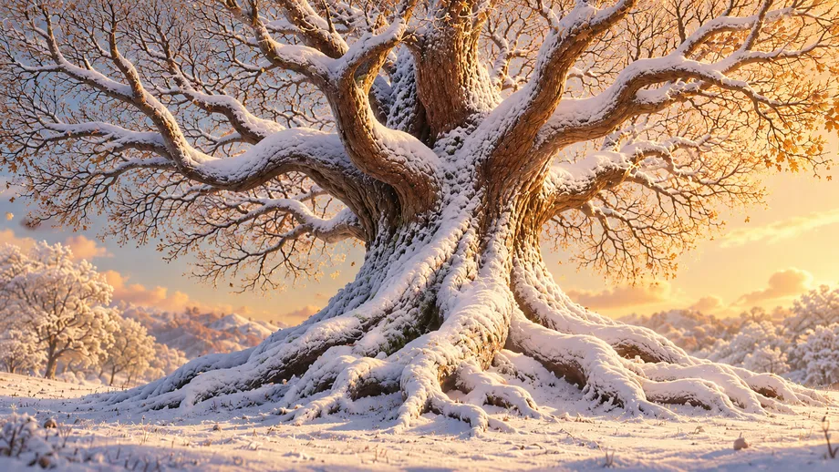 The giant oak tree in soft, calm winter light at dusk