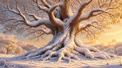 The giant oak tree in soft, calm winter light at dusk